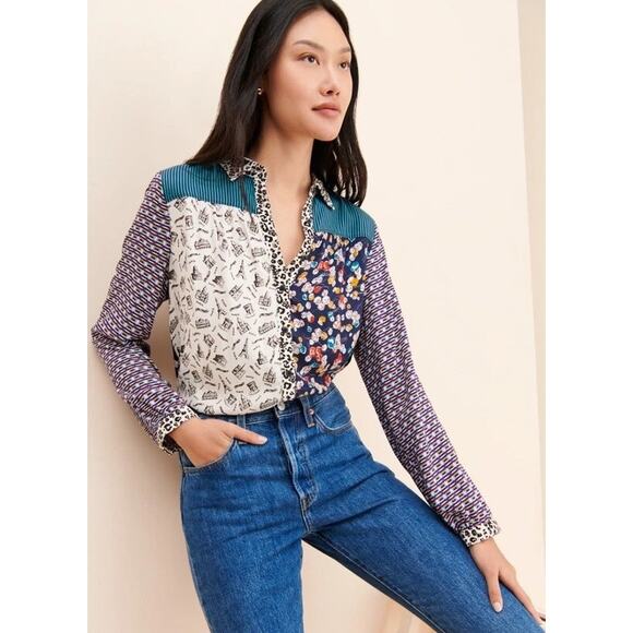 Maeve by Anthropologie Fern Mixed Print Button Up Long Sleeve Top Small Petite - Picture 1 of 9